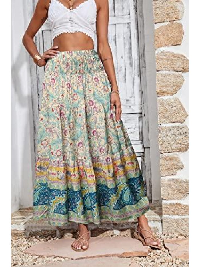 Women Boho Ditsy Floral Elastic High Waisted Maxi Dress Skirt Flowy Long Pleated Skirt A Line Long Skirt 