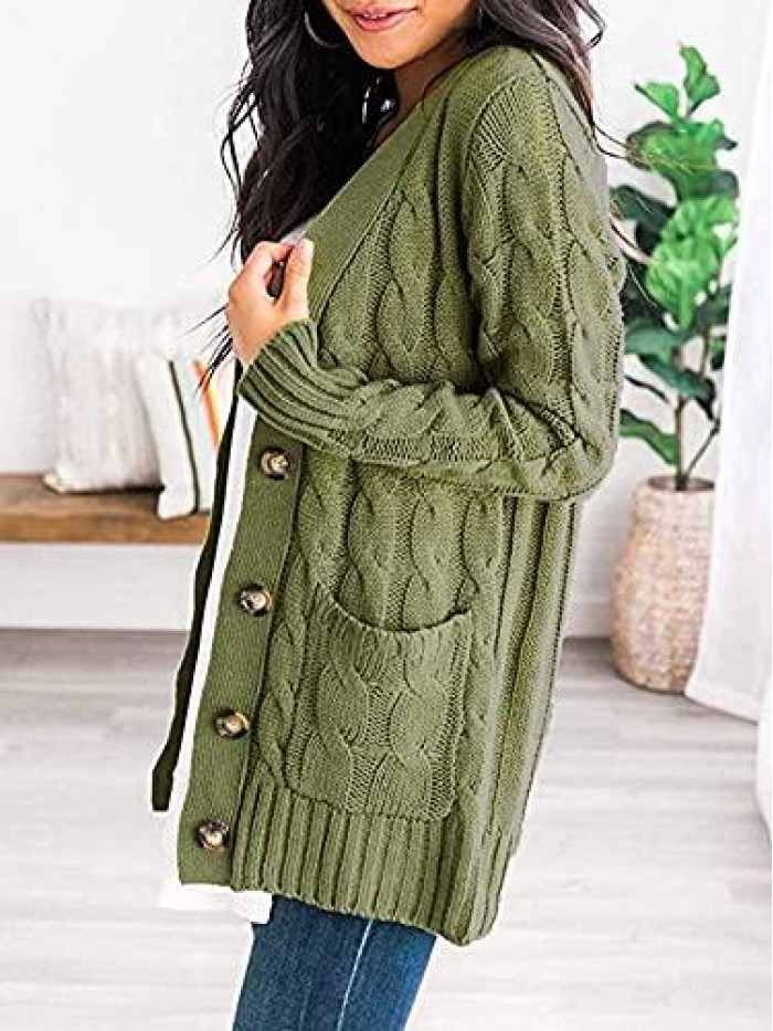 Women’s Long Sleeve Open Front Knitted Cardigan Sweater Button Down Chunky Outwear Coat 