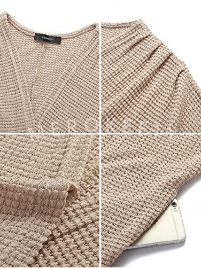Women's Waffle Knit Batwing Long Sleeve Cardigan Loose Open Front Sweater Coat 