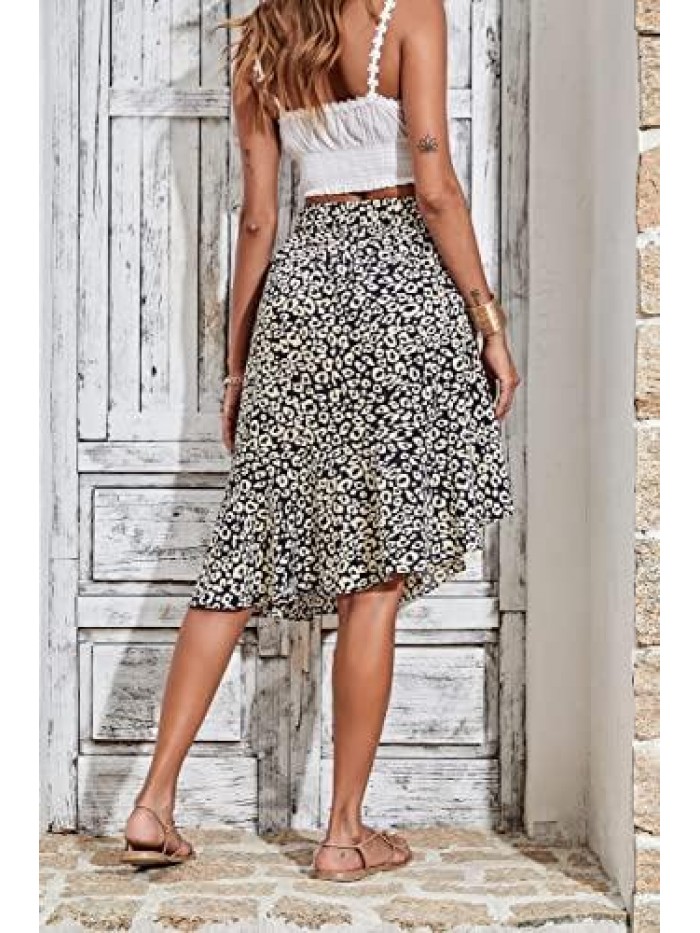 Women's Chiffon Leopard Print High Waist Ruffle Pleated Skirt Floral Asymmetrical Midi Skirt Dress 