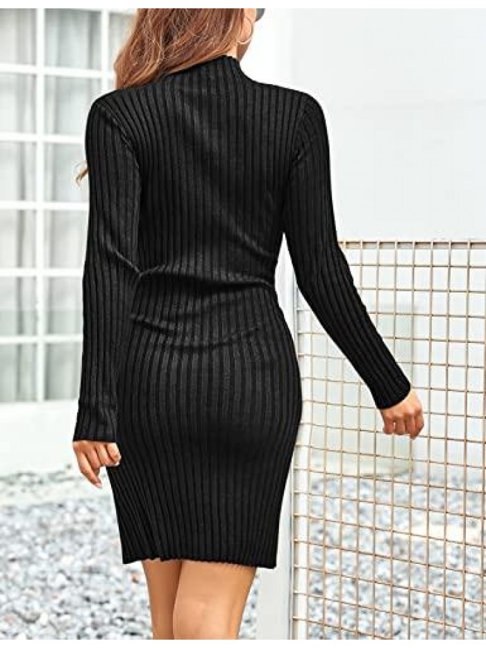 Women's Turtleneck Sweater Dress Long Sleeve Elasticity Ribbed Mini Bodycon Dresses 