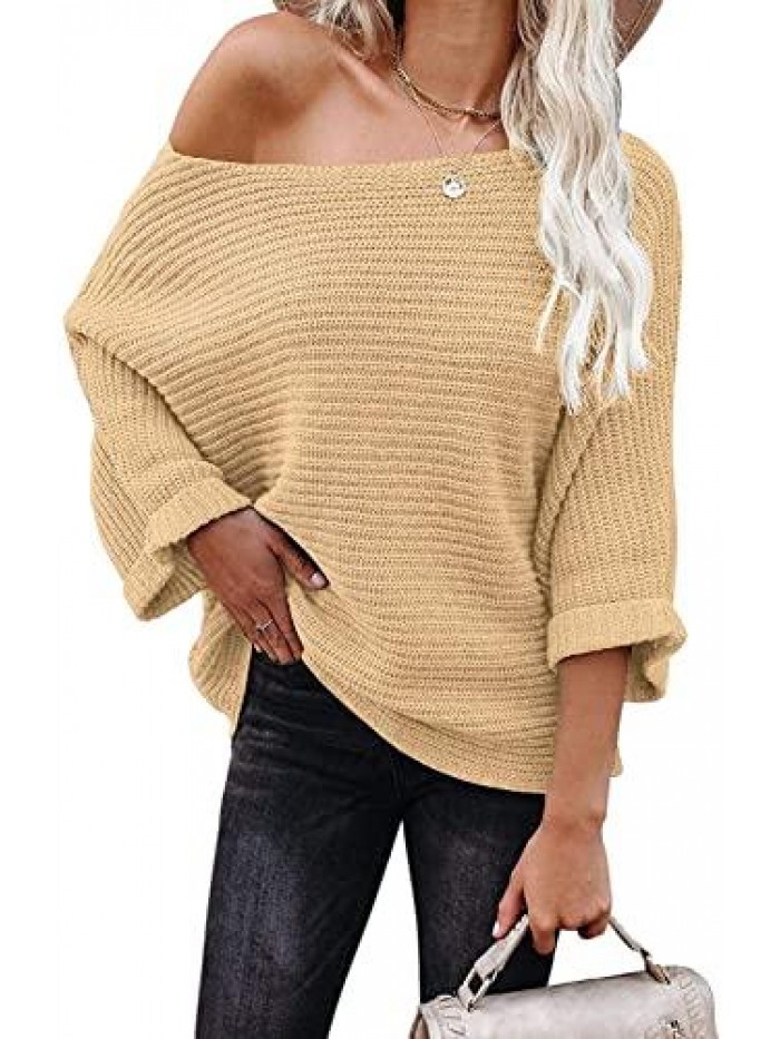 Women's Off Shoulder Sweaters Batwing 3/4 Sleeves Casual Solid Loose Pullovers Knit Jumper Tops 