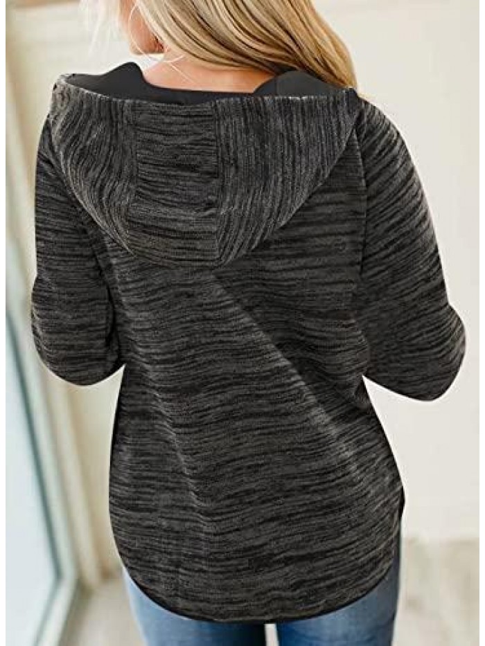 Womens Button Collar Drawstring Stitching Sweatshirts Hoodies Pullover 