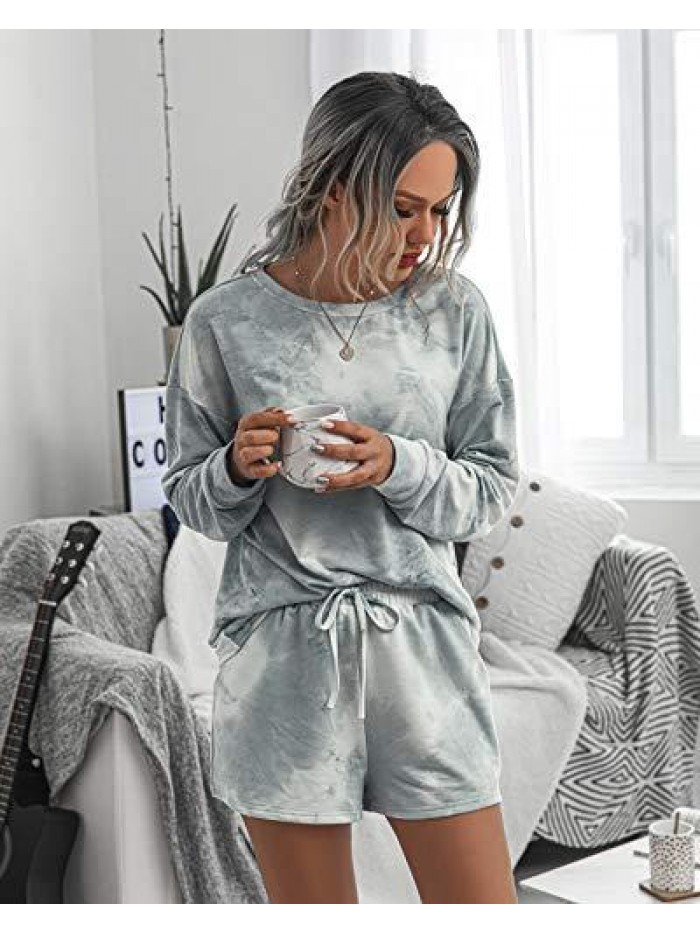 Women’s Tie Dye Printed Pajamas Set Long Sleeve Tops with Shorts Long Lounge Set Casual Two-Piece Sleepwear 