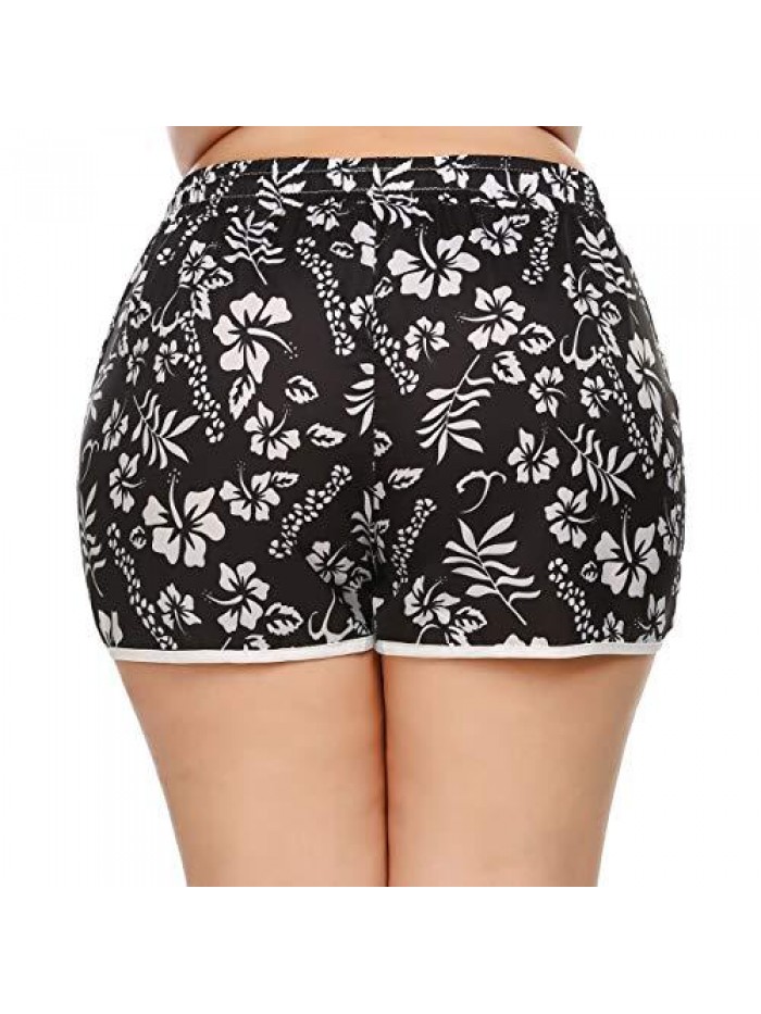 Women's Plus Size Floral Print Beach Shorts with Pockets-Quick Dry Summer Swimmwear Shorts 