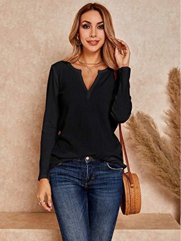V Neck Shirts Long Sleeve Waffle Knit Loose Fitting Warm Tee Tops Pullover Sweaters 