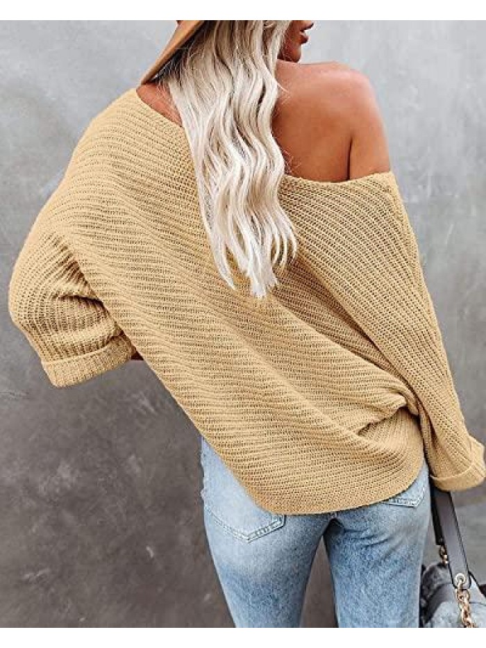 Women's Off Shoulder Sweaters Batwing 3/4 Sleeves Casual Solid Loose Pullovers Knit Jumper Tops 