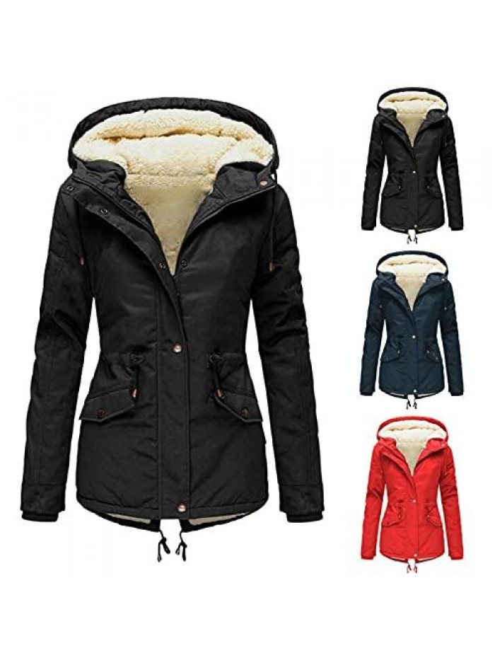 Womens Coat Autumn Winter Hoodie Faux-Fur Warm Inside Fleece Padded Jacket Coat Slim Zipper Hooded Jacket 
