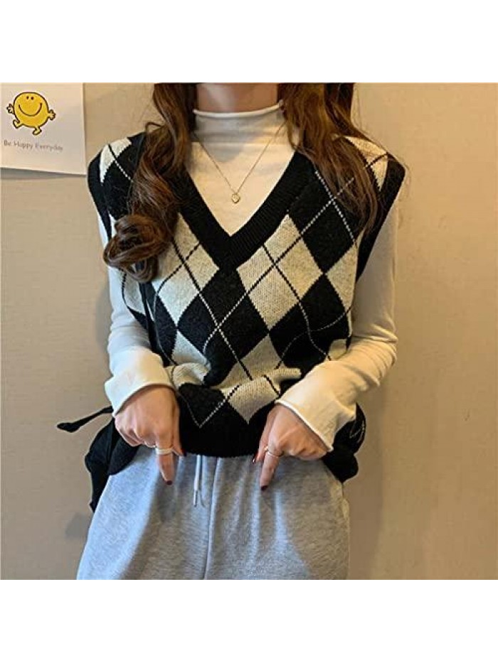 Sleeveless V-Neck Argyle Plaid Knitted Sweater Vest 90s E-Girl Casual Loose Preppy Style Pullover Knitwear Top 