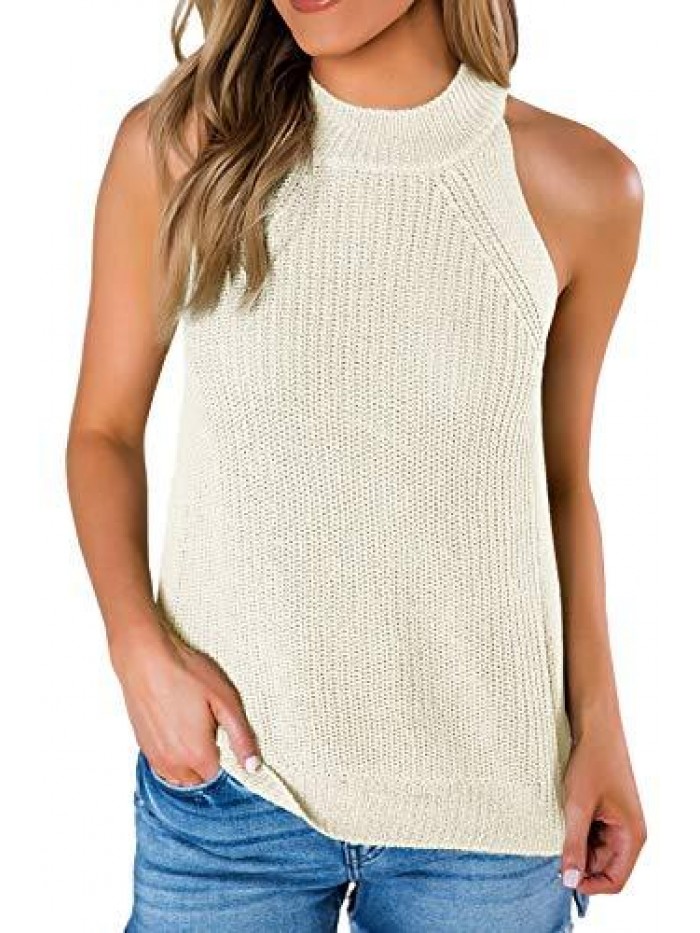 Womens Summer Loose Knit Shirts Sleeveless Halter Neck Sweater Tank Tops 
