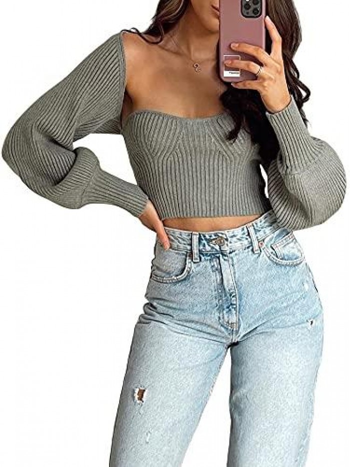 Open Front Bolero Shrug Cardigan Long Lantern Sleeve Spring Backless Knit Crop Top New Cropped Sweater 