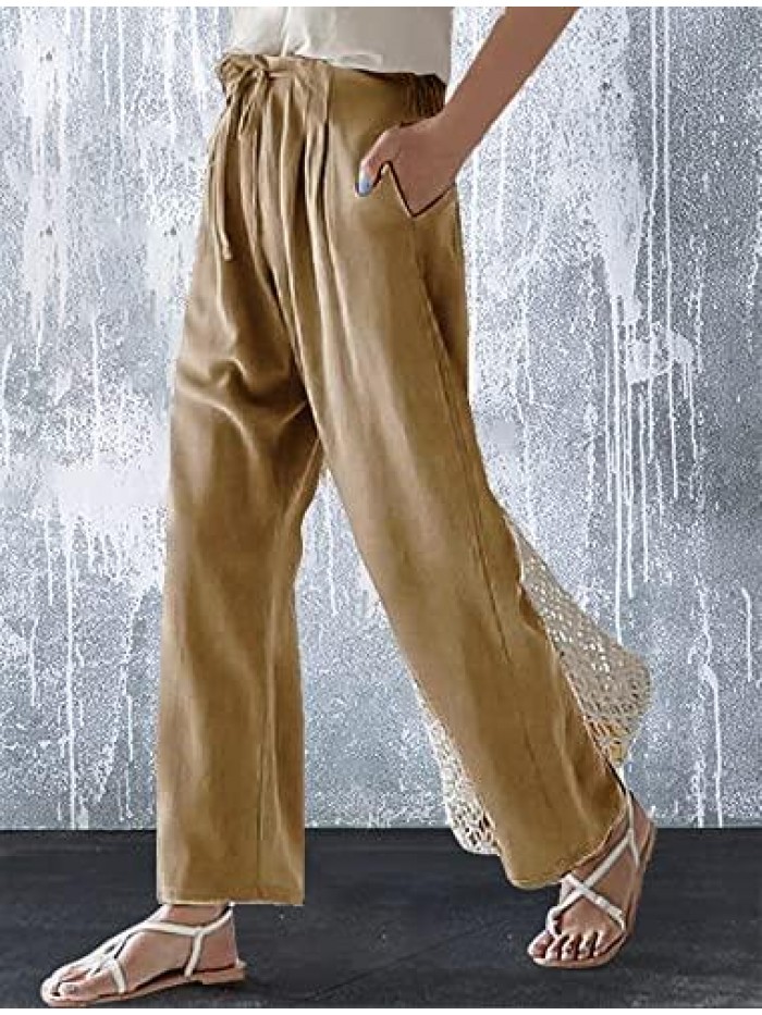Womens Fashion Linen Drawstring Tie Elastic Waist Loose Capri Jogger Cargo Pants Wide Leg Long Trousers Sweatpants 
