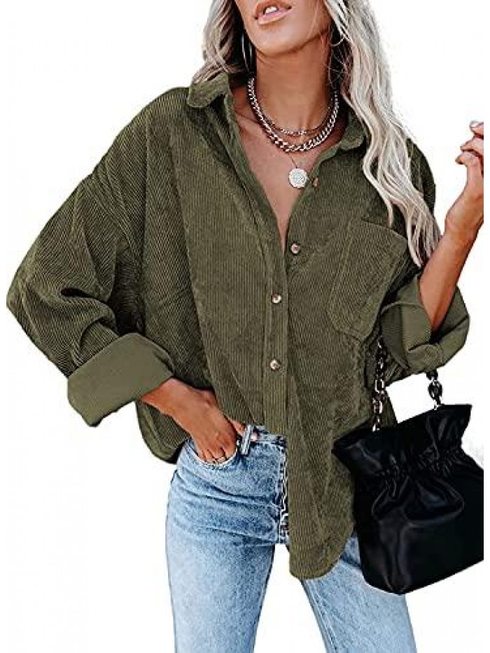 Corduroy Button Down Pocket Shirts Casual Long Sleeve Oversized Blouses Tops 