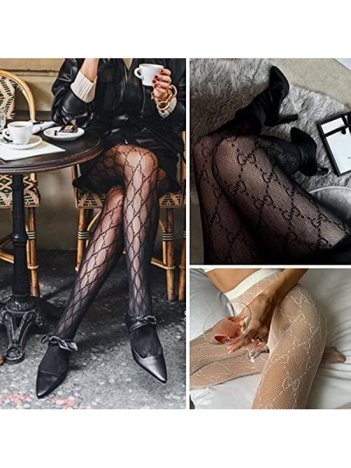 2 Pack Women's Sexy Letter G Fishnet Stockings, Free size Leggings Pantyhose, Lace Tights with Letters for Women
