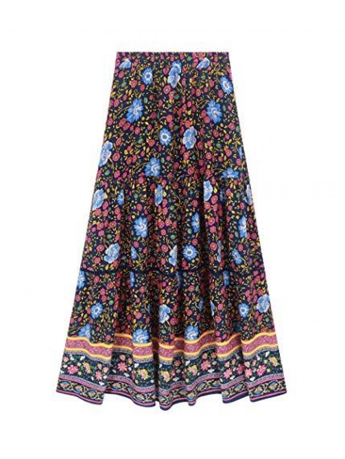 Womens Summer Cotton Vintage Floral Print Boho Casual Ruffled Flowy Midi Skirt 