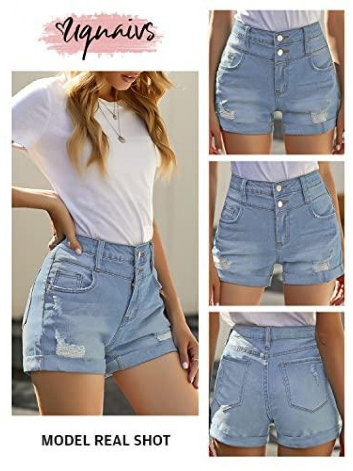 Womens High Rise Front Buttons Ripped Rolled Hem Casual Denim Jeans Shorts 