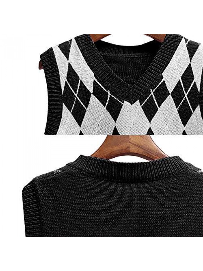 Women's V Neck Knit Sweater Vest Argyle Plaid Preppy Style Sleeveless Crop Knitwear Tank 