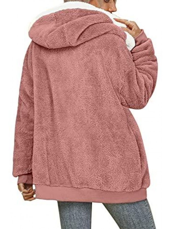 Sherpa Jackets Fuzzy Fleece Full Zip Up Hooded Coat Tops Outwear with Pockets 