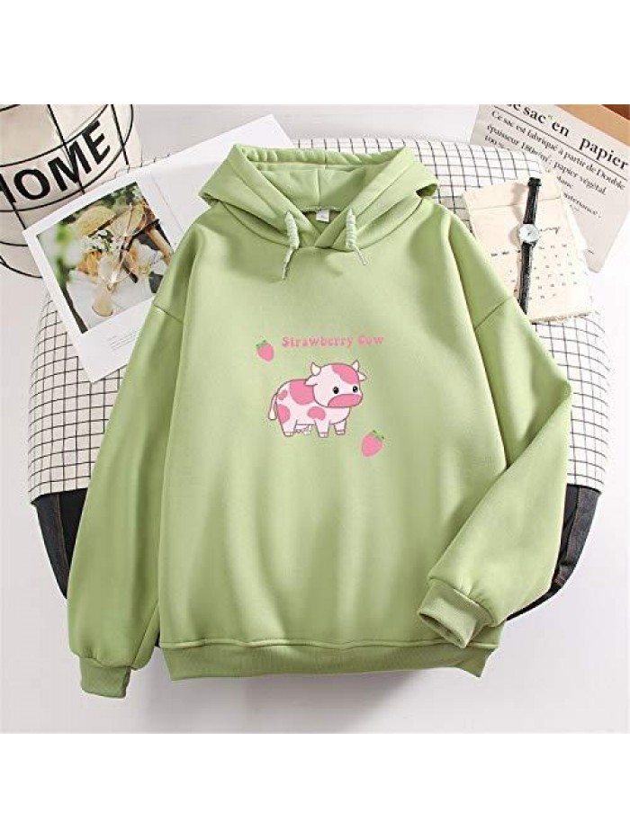 Sweatshirts for Women Cute Strawberry Cow Print Hoodie Casual Fuzzy Top 