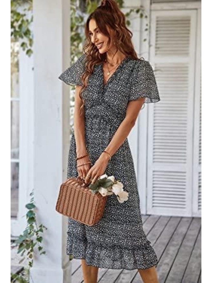Women's Summer Casual Ruffle Short Sleeve Deep V Neck Boho Floral Print Midi Dress Flowy Chiffon A Line Long Dress 