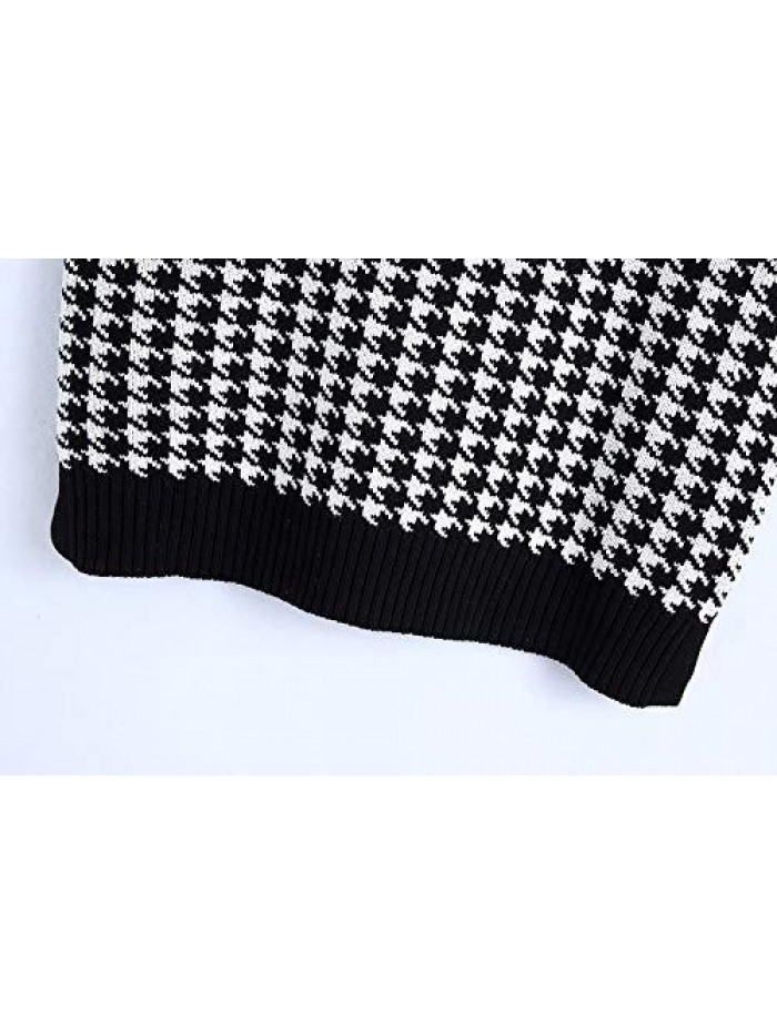 Women Houndstooth Pattern Knit Sweater Vest Sleeveless Loose V-Neck 90s Waistcoat Pullover Knitwear Top 