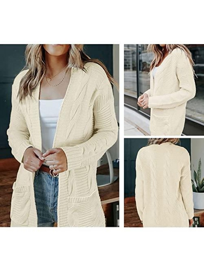 Womens Long Sleeve Cable Knit Cardigan Sweater Casual Loose Open Front Outwear with Pockets 