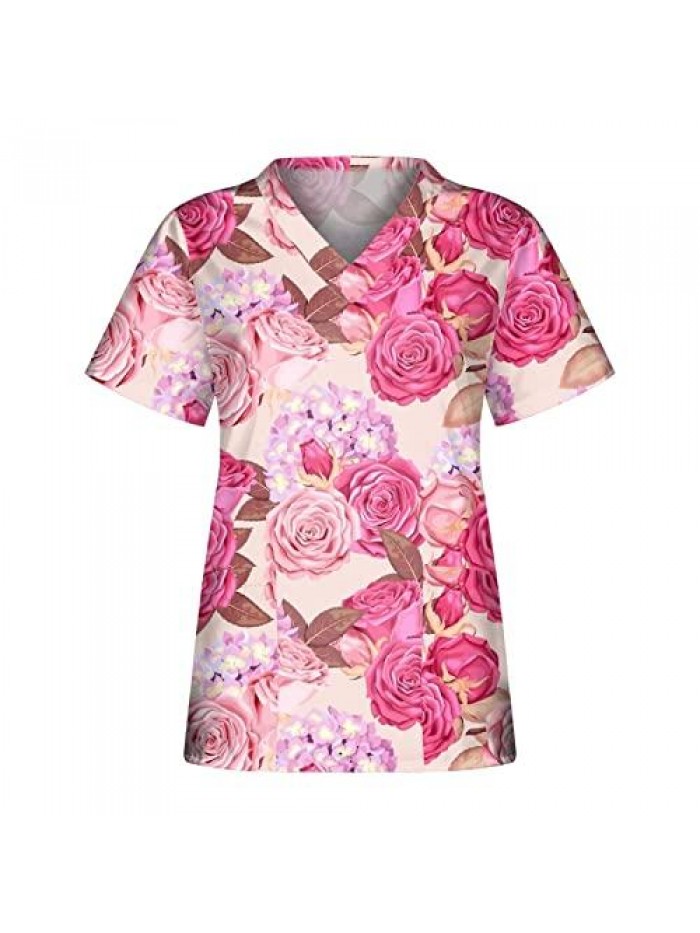 Valentine's Day Blouse for Women Working Uniform T Shirt Love Heart Print V Neck Short Sleeve Tunic Tops with Pockets