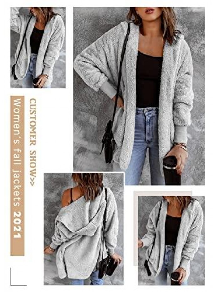 Women’s Long Sleeve Loose Fit Open Front Hood Cardigan Fuzzy Fleece Jacket Coat Outwear 