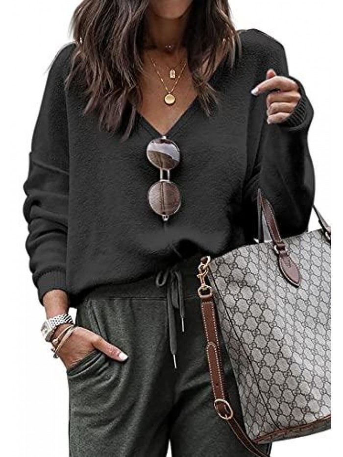 Womens Long Sleeve Sweater Casual V Neck Loose Fit Comfy Jumpers Tops 
