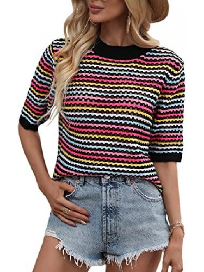 Women's Striped Knitted Shirt Casual Half Sleeve Soft Lightweight Crewneck Sexy Tops Hollow Out Sweater for Women 