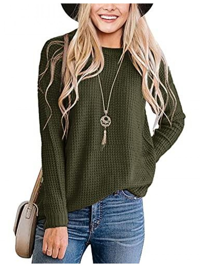 Women's Long Sleeve Waffle Knit Sweater Crew Neck Solid Color Pullover Jumper Tops 