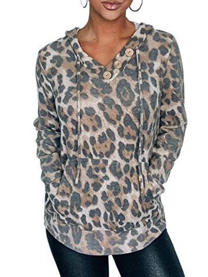 Womens Hoodie Sweatshirts Casual Animal Print Kangaroo Pocket Tunic Shirts Tops 