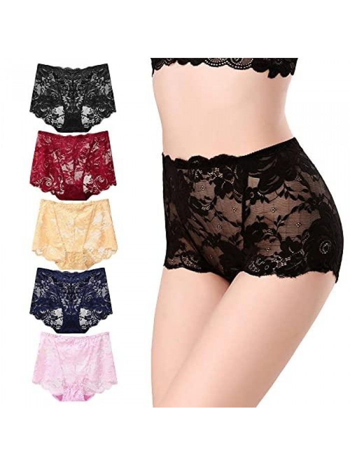 Women's Underwear High Waisted Cotton Underpants Seamless Breathable Briefs Stretch Sexy Lace Panties 5pack 