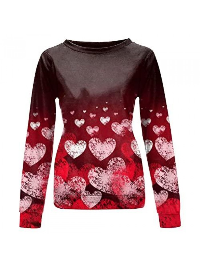 Heart Print Valentine's Day Sweatshirt Love Letter Long Sleeve Crewneck Shirt Cute Casual Loose Pullover  