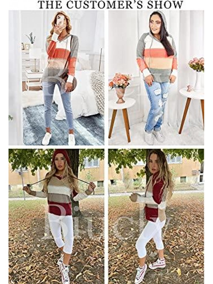Women's Color Block Knit Hoodies Sweaters Loose Long Sleeve V Neck Drawstring Pullover Sweatshirts(S-3XL) 