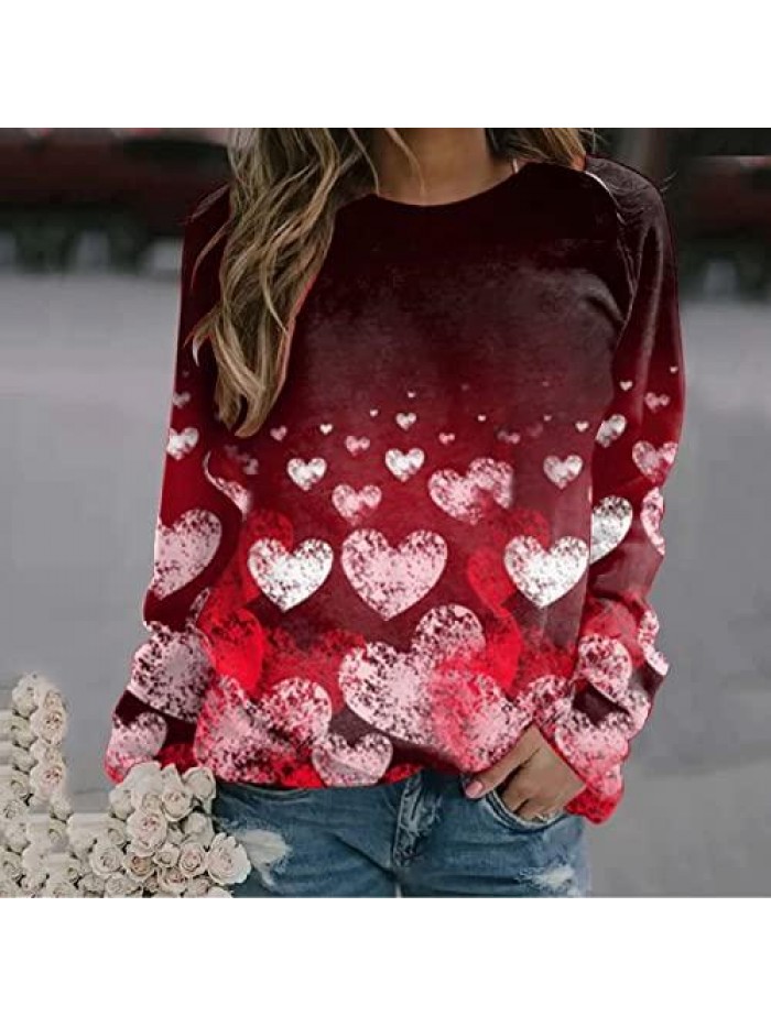 Valentine's Day Sweatshirt Tops Sweater Heart Long Sleeve Round Neck Loose Sweater Jumpers 