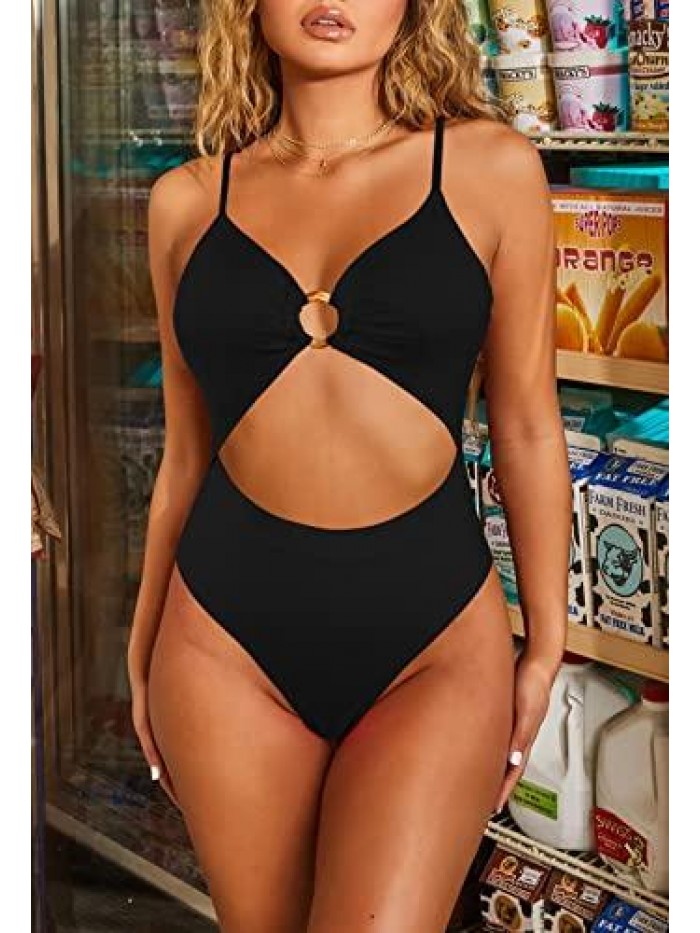Queen Women V Neck One Piece Swimsuit Ring Cut Out Tummy Control Bathing Suit Monokini 