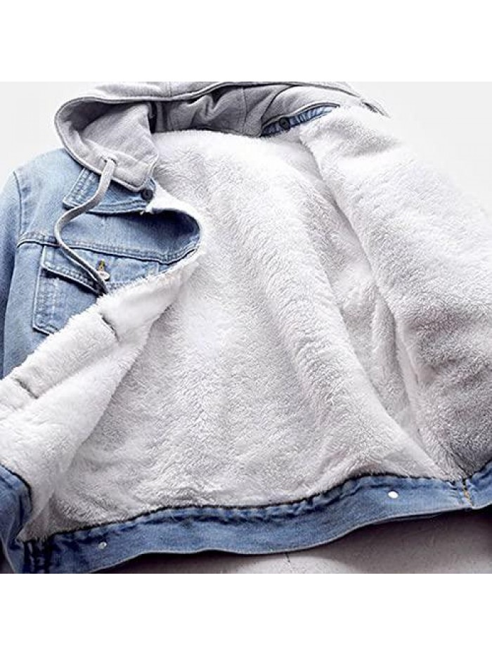 Denim Jacket Womens Winter Detachable Hoodie Warm Sherpa Fur Fleece Lined Jackets Fashion Jean Trucker Coat 