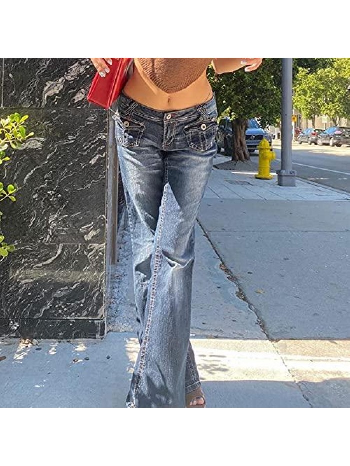 Womens Jeans Low Rise Denim Bell Bottom Cargo Pants Straight Ribbed Gothic Boyfriend Baggy Jeans Streetwear 