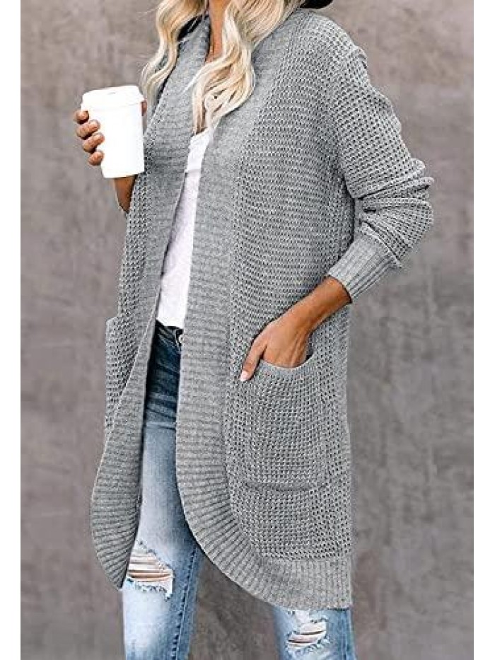 Women's Long Sleeve Open Front Cardigan Sweater Lightweight Waffle Knit Loose Draped Outerwear Coat with Pockets 