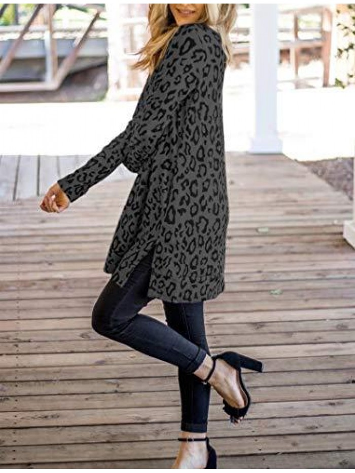 Womens Tunic Tops Leopard Print Shirt Long Sleeve V Neck Blouse 