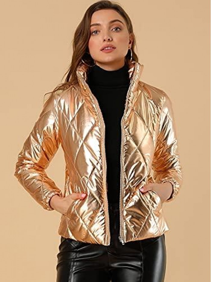 K Women's Holographic Shiny Zipper Quilting Metallic Down Puffer Jacket 