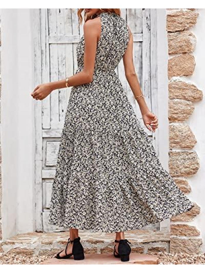 Women’s Casual Halter Neck Sleeveless Boho Floral Maxi Dress Ruffle Tiered Swing Sundress with Elastic Belt 