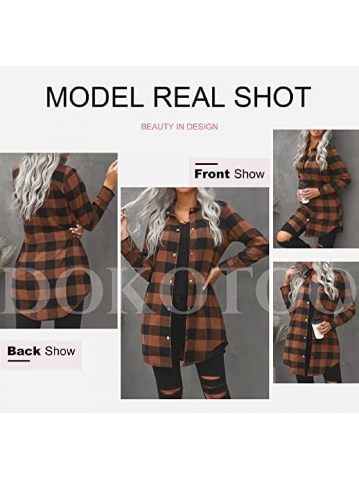 Plaid Flannel Shirts for Women Long Sleeve Button Down Shacket Jacket Coats With Pockets 