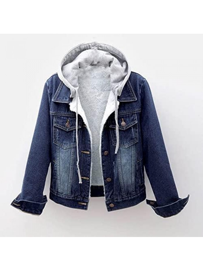 Denim Jacket Womens Winter Detachable Hoodie Warm Sherpa Fur Fleece Lined Jackets Fashion Jean Trucker Coat 
