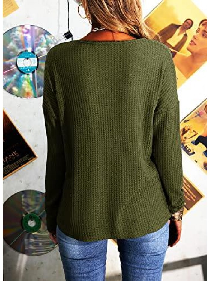 Women Casual V-Neck Long Sleeve Waffle Knit T-Shirt Solid Color Casual Basic Shirt Tops 
