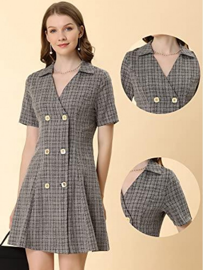 K Plaid Dresses for Women's Button Front Short Sleeve Double Breasted Blazer Dress 