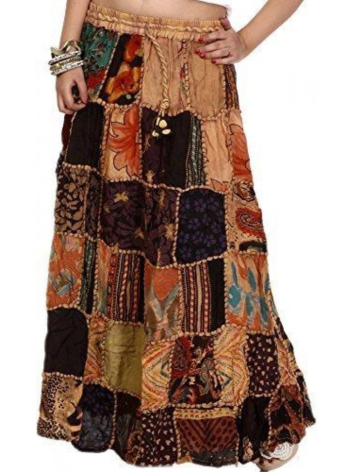 India Long Printed Dori Skirt from Gujarat with Patch Work - Rayon 