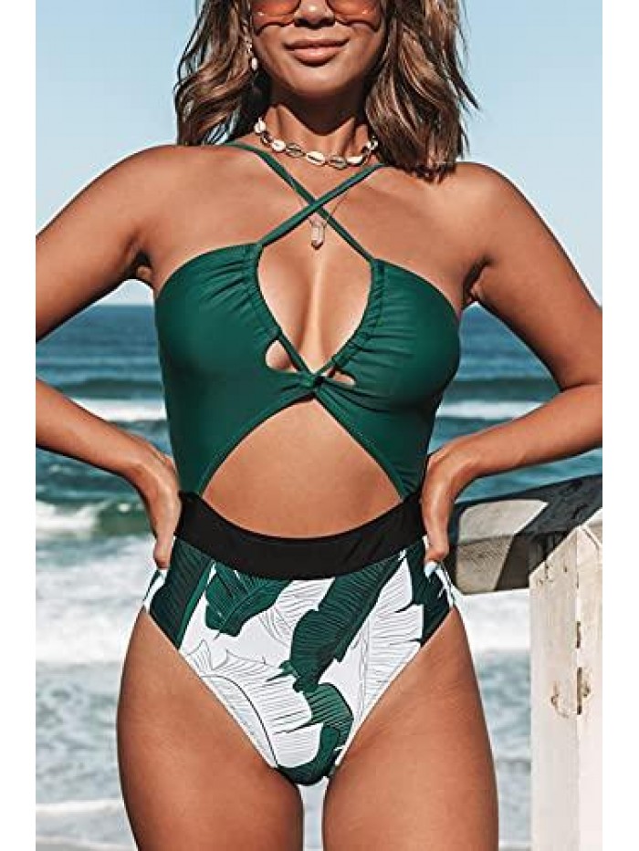 Women's One Piece Swimsuit Plunge Neckline Cutout Criss Cross Bathing Suit 