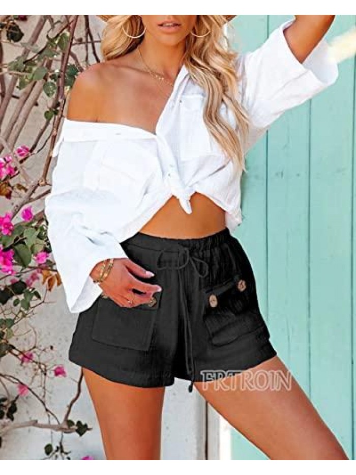 Summer Beach Shorts for Women Elastic High Waist Casual Loose Button Detail Cotton Comfy Shorts with Pockets 